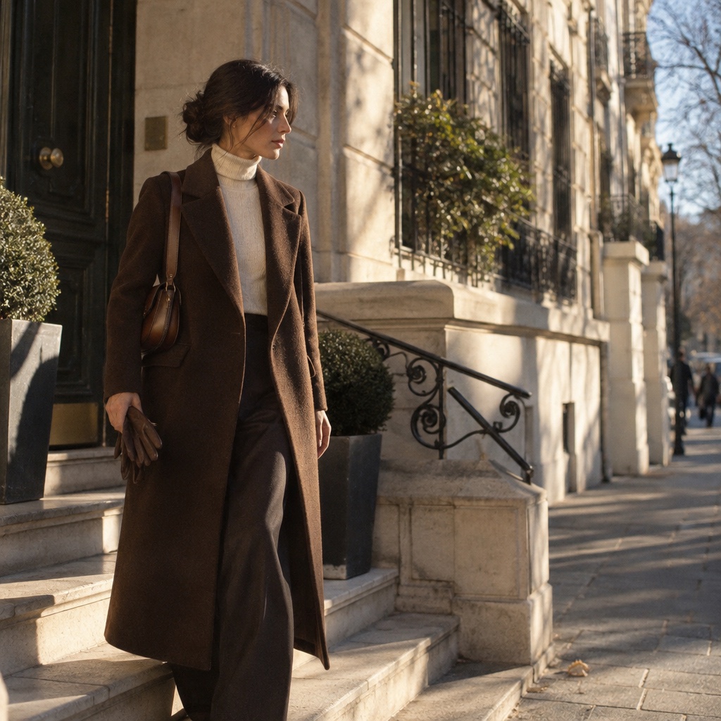 Woman in a chocolate wool coat pulling on leather gloves outside a Paris townhouse