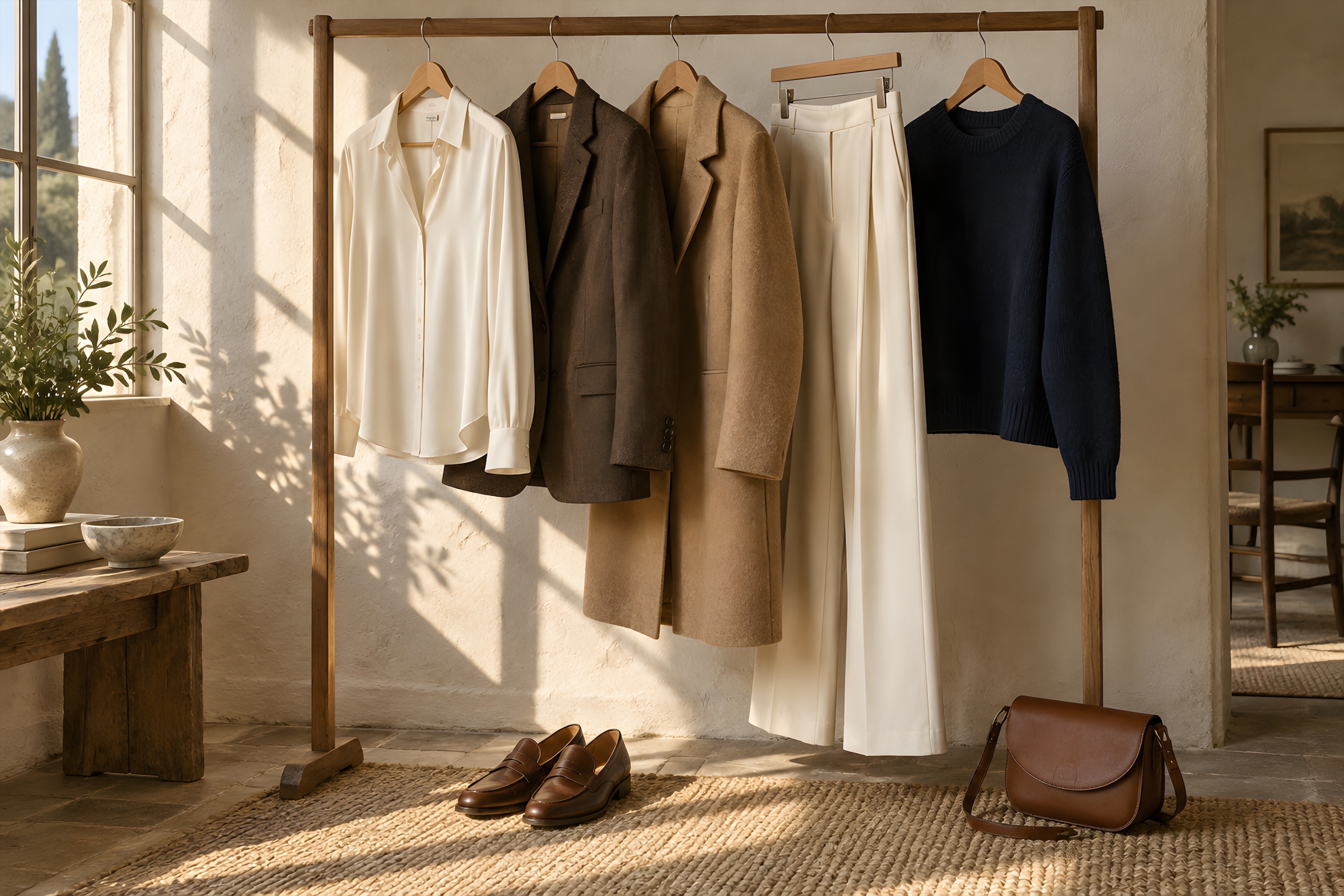 Clothing rail with a silk blouse, blazers, a camel coat and cream trousers