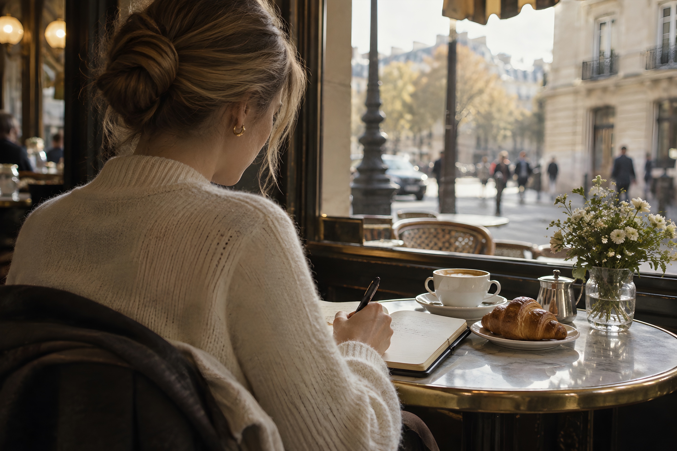 Woman in a cream knit writing in a notebook at a Paris café