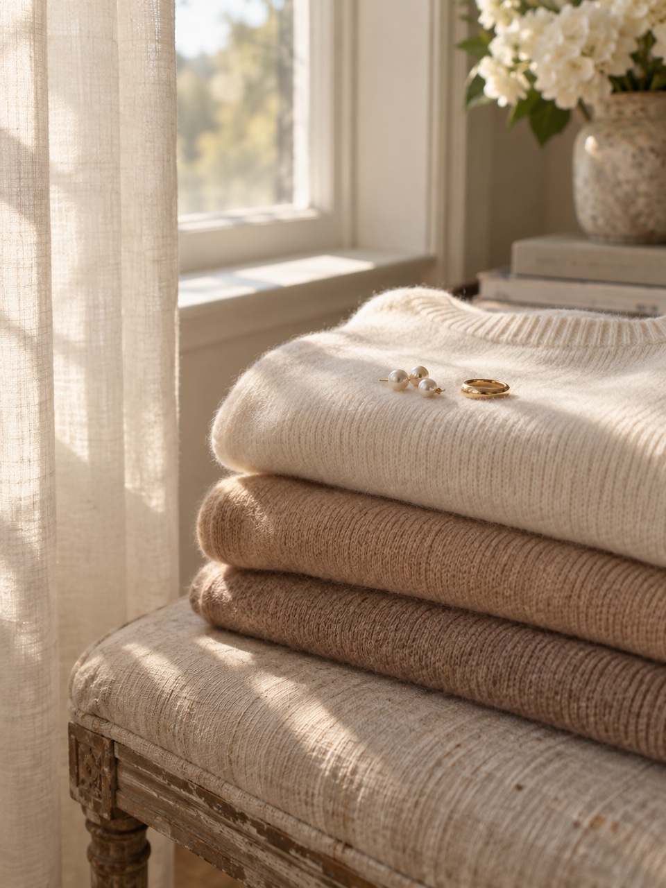 Folded cream and camel cashmere sweaters by a sunlit window