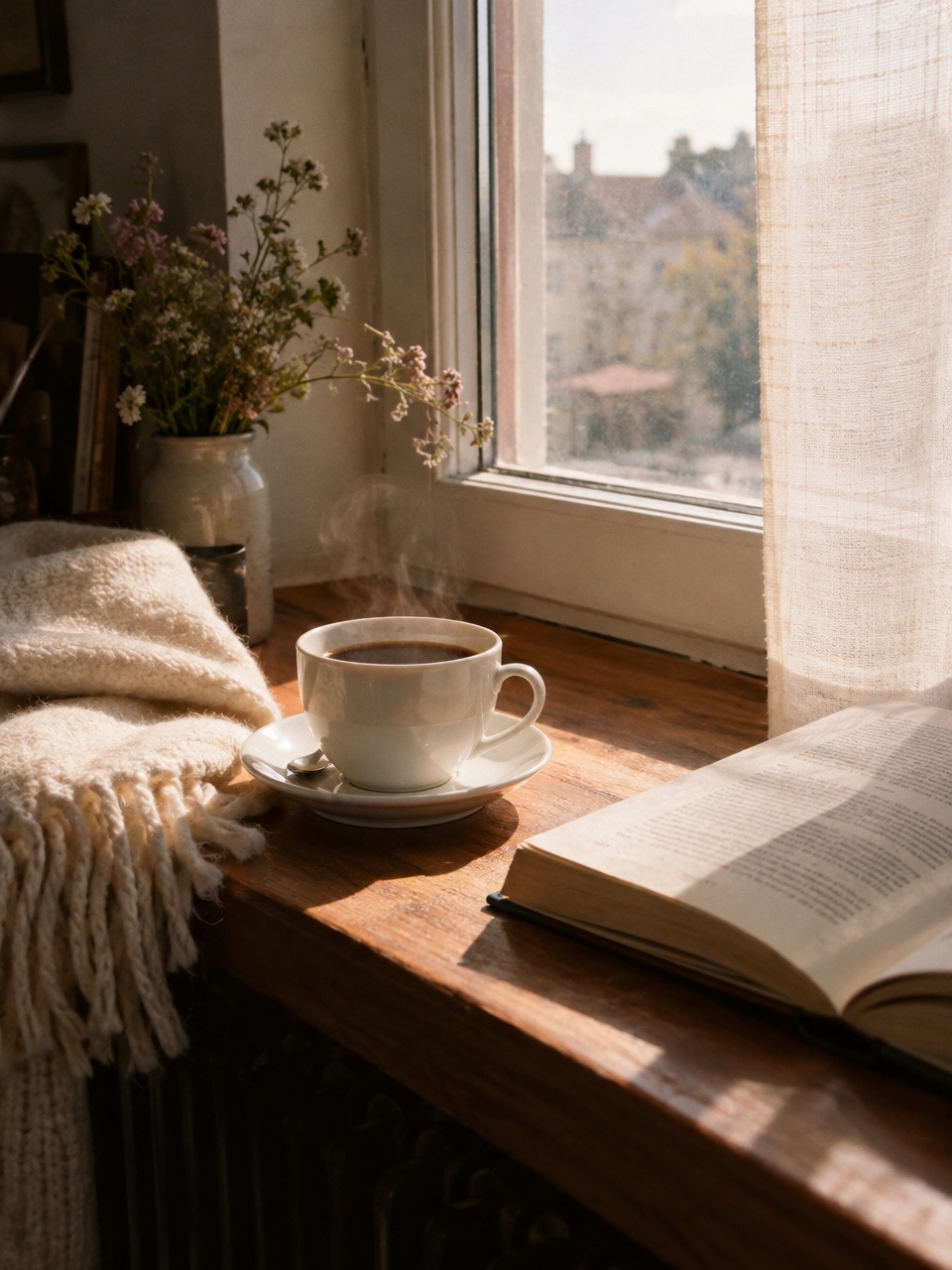 A cup of black coffee on a sunlit windowsill