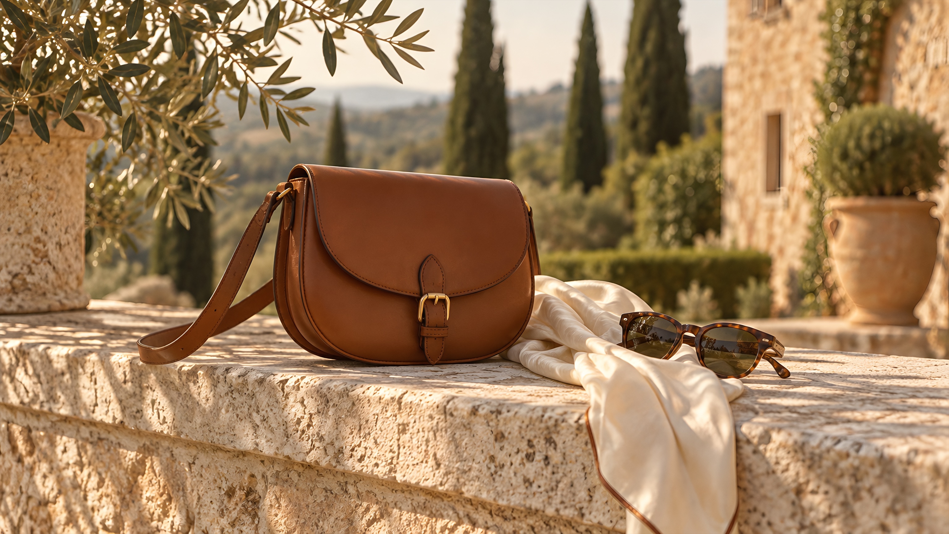 Chestnut leather saddle bag on a sunlit limestone ledge with a silk scarf and sunglasses
