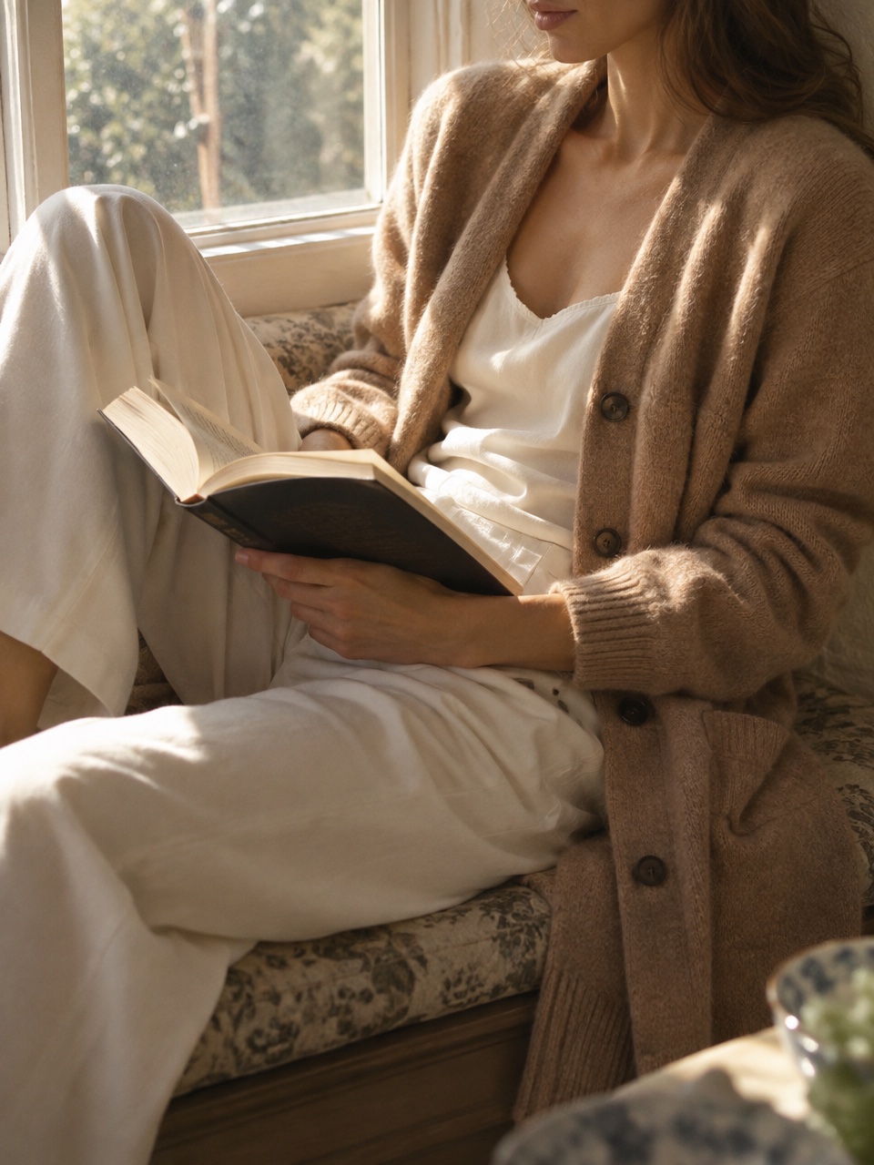 Camel cashmere cardigan over a linen armchair by the window